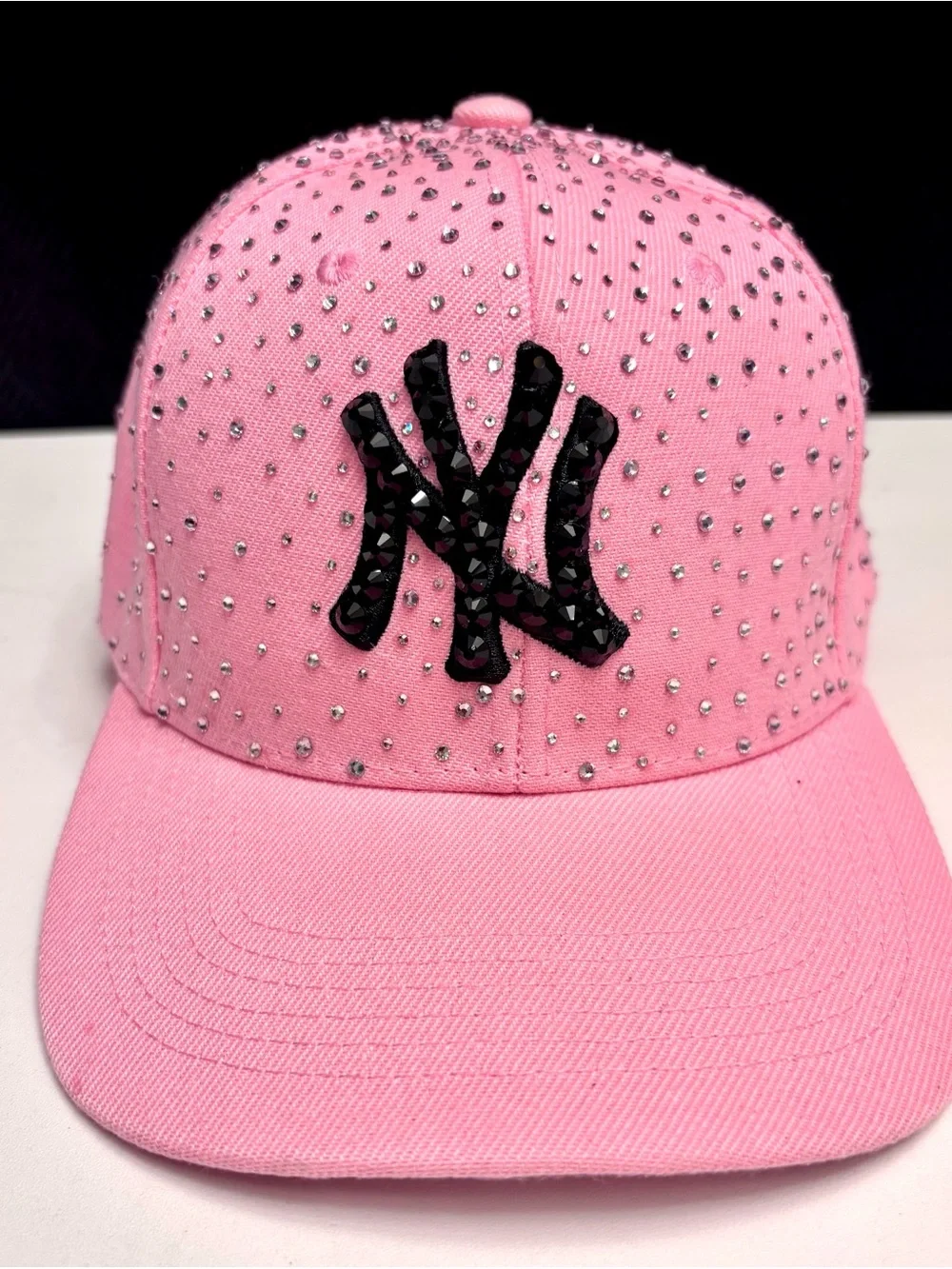 Pink Rhinestone Baseball Cap with Black Rhinestoned Yankees Logo